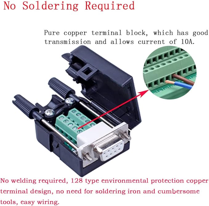 10PCS DB9 Female Breakout Connector,DB9 Solderless RS232 D-SUB Serial to 9-pin Port Terminal Adapter Connector Breakout Board with Case Long Bolts Tail Pipe