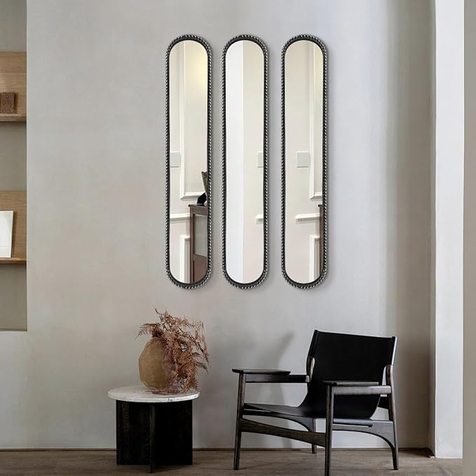 Long Narrow Decorative Wall Mirror, Skinny Oval Mirror for Entryway Living Room Bath Decor,Metal Frame with Beaded Decor Mirrors,7.9X 44