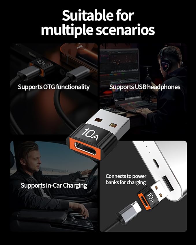 USB to USB C Adapter 4 Pack,10A 200W Fast Charging USB2.0 480Mbps Data Transfer,USB C Female to A Male Charger Converter for Ma-cBook Pad Phone 17/16/15 Ga-laxy Xp-eria Smartphone Laptop Tablet Black