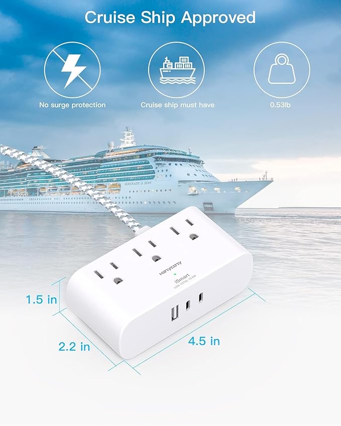 Extension Cord 15 Ft, HANYCONY Ultra Thin Flat Plug Power Strip with 3 Outlets 3 USB Ports (2 USB C), Wall Mount, Multi Plug Outlet Extender Desk Charging Station for Travel Dorm Room Essentials