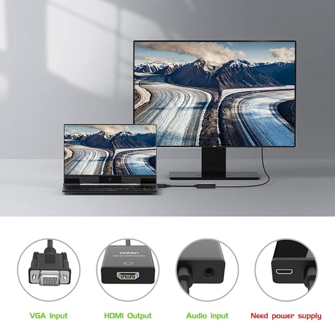 ONTEN VGA to HDMI Adapter, 1080P VGA to HDMI (Male to Female) for Computer, Desktop, Laptop, PC, Monitor, Projector, HDTV with Audio Cable and USB Cable (Black) (2 Pcs)