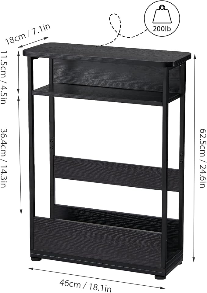 Vintage Narrow Side Table with Storage Shelf, 3 Tier Slim End Table Modern Sofa Table for Narrow and Small Spaces, 24.6 Inch Height Bedside Table Nightstand (Black, Large)