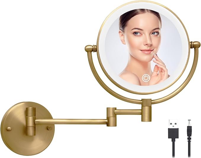 Wall Mounted Makeup Mirror with Lights and 10X Magnification, 8" Rechargeable Double Sided Magnifying Touch Dimmable Extended Arm 360 Rotation, Foldable Vanity Mirror for Bathroom, Antique Brass