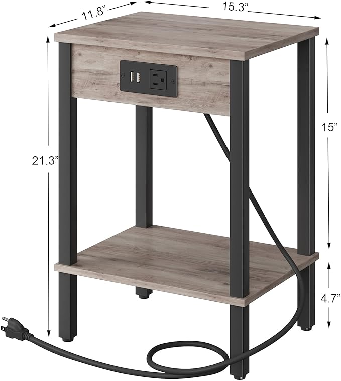 VIMBER Set of 2 End Table with Charging Station, Narrow Side Table with USB Ports and Outlets, Nightstands with 2-Tier Storage Shelves, Sofa Table for Small Space Living Room Bedroom, Greige