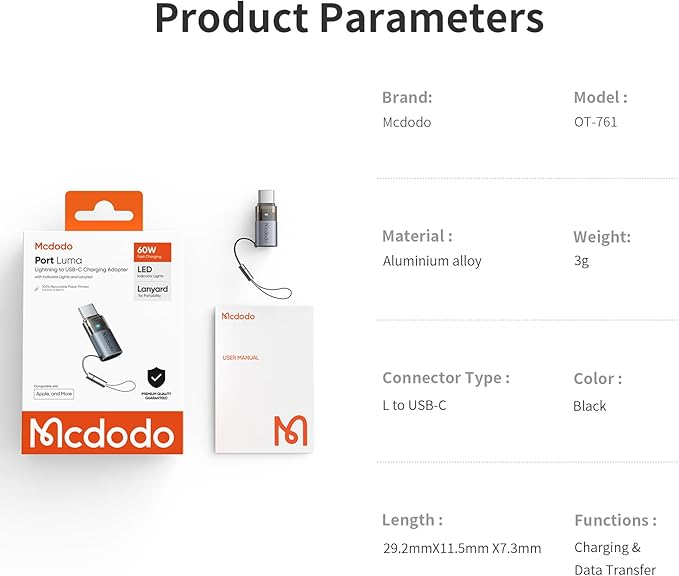 mcdodo 60W Lightning to USB-C Adapter with Lanyard, Lightning Female to Type-C Male Adapter PD Fast Charging iPhone Charger Cable Converter for iPhone 16 15 Series, iPad,MacBook