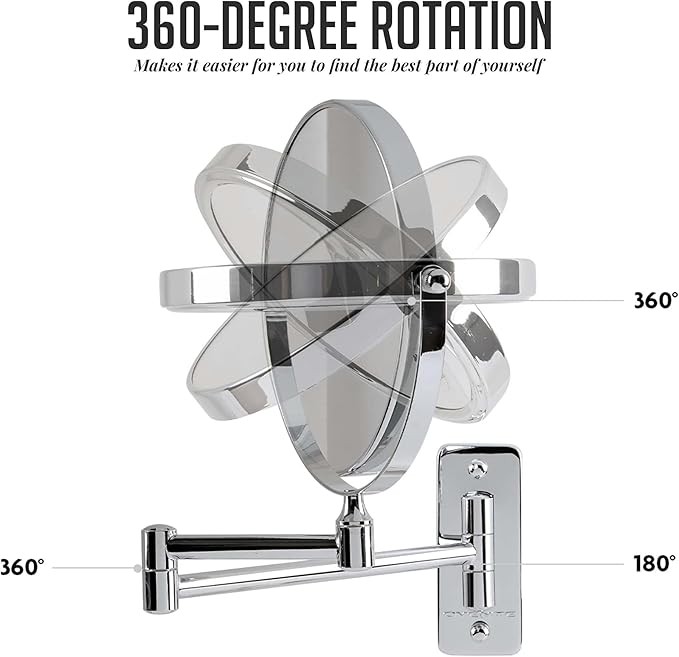 OVENTE 7" Wall Mounted Makeup Mirror with 1X/7X Magnification, Double Sided Magnifying Round Bathroom Vanity Mirror, 360° Swivel Design, Extendable and Folding Arm, Polished Chrome MNLFW70CH1X7X