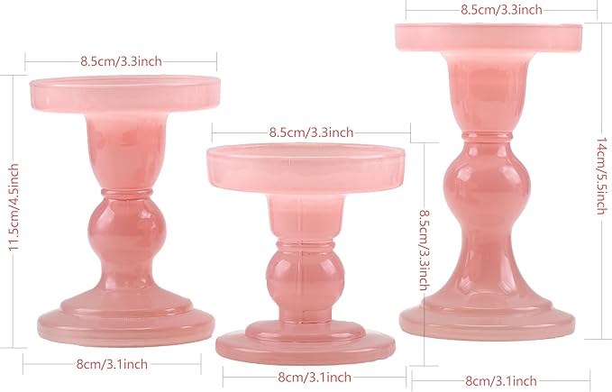 GMWD 3 Pcs Glass Candle Holder Set Clear, Pink Candlesticks Holders Pillar Taper Candles Tealight Stand for Wedding Centerpieces Home Decorations Dining Table