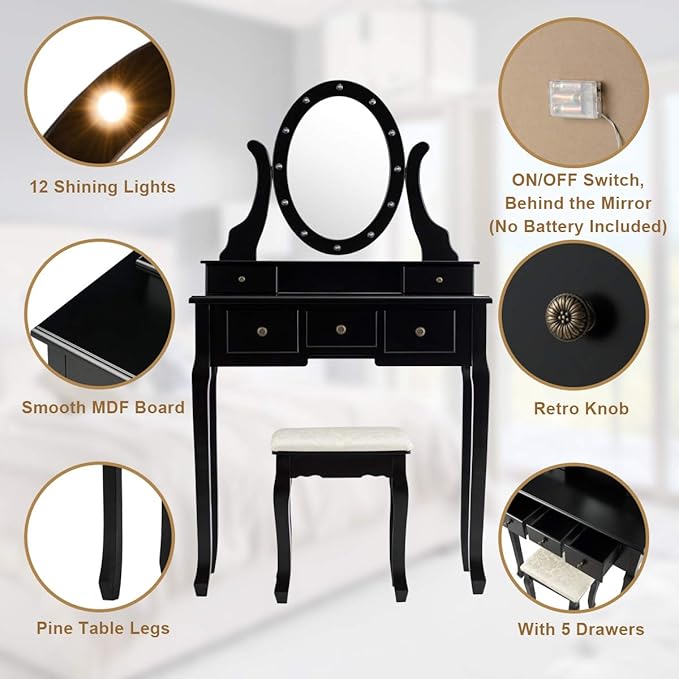 Giantex Vanity Table Set with 12 Lights Mirror, Bedroom Makeup Dressing Table with 360° Rotating Oval Mirror, 5 Drawers and Shelf, Modern Makeup Table with Cushioned Stool for Girls Women (Black)
