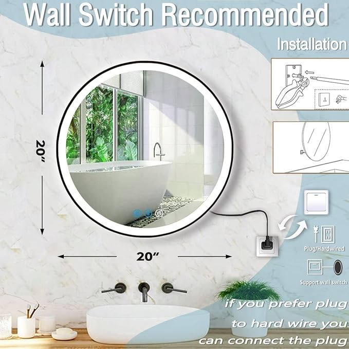 Black Frame Round Lighted Vanity Mirror with Lights Smart Memory 3 Color Dimmable Frontlight Anti-Fog 20 Inch Black Framed Circle Round LED Mirror for Bathroom Wall Makeup