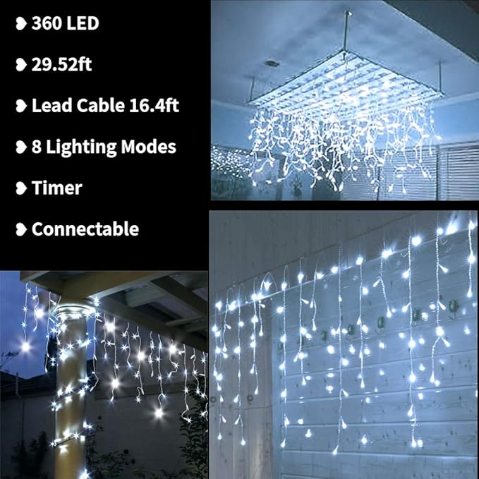 Toodour Christmas Icicle Lights Outdoor, 360 LED 29.5ft 8 Modes Fairy Icicle String Light with 60 Drops, Led Christmas Lights Twinkle for Holiday, Party, Wedding, Eaves, Xmas Decorations (White)