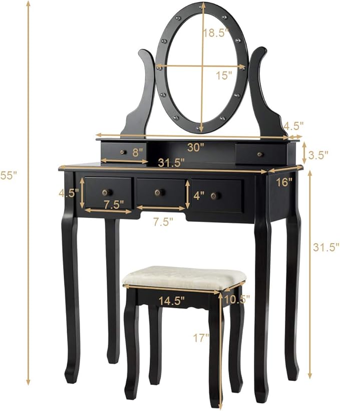 Giantex Vanity Table Set with 12 Lights Mirror, Bedroom Makeup Dressing Table with 360° Rotating Oval Mirror, 5 Drawers and Shelf, Modern Makeup Table with Cushioned Stool for Girls Women (Black)