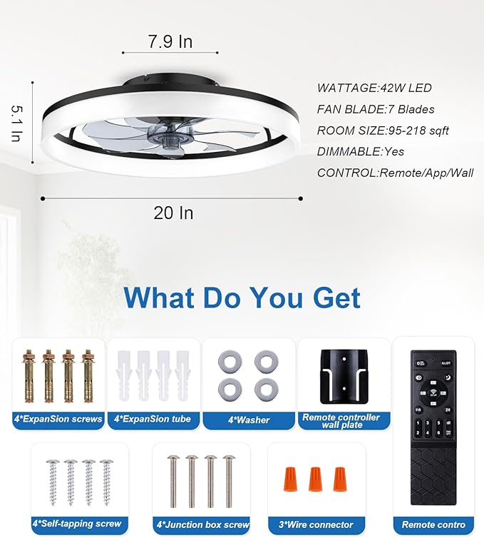 Ceiling Fans with Lights and Remote, 20" Modern Low Profile Ceiling Fan with Light, Stepless Color Temperature Change and 6 Speeds for Bedroom, Kids Room and Living Room (Black)
