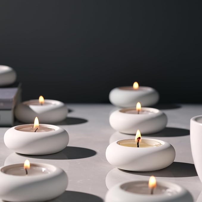Handmade Decorative Pebble Tealight Candle Holders Set of 8 - Handcrafted Home Decor Accent for Calming Earthy Aesthetic White Cement Diameter 2.6 inches