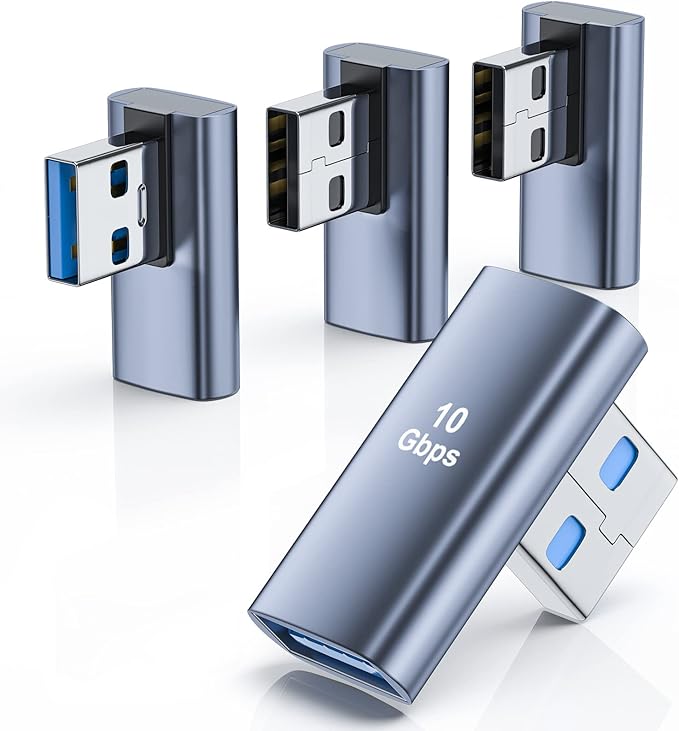 4 Pack USB 3.1 90 Degree Adapter,【2*Left Angle】&【2*Right Angle】 USB A Male to Female Adapter for PC, Laptop, USB A Car Charger, Power Bank and Most USB Devices