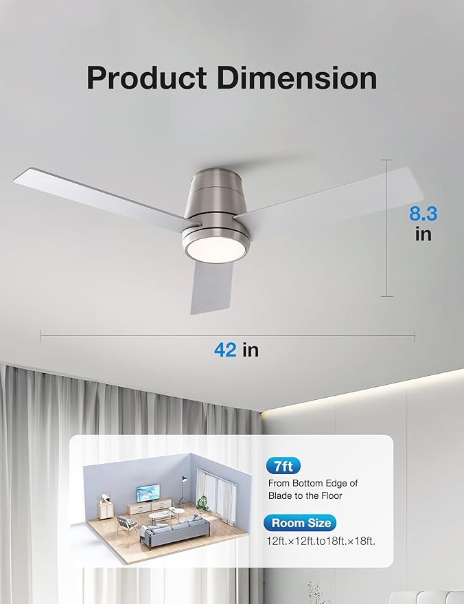 warmiplanet Flush Mount Ceiling Fans with Lights and Remote Control, 52-Inch, Brushed Nickel, 4-Blades, 2 Pack