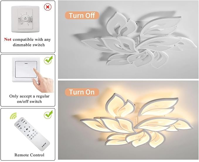 Garwarm Modern Ceiling Light, 30.3in Dimmable LED Flush Mount Ceiling Lamp, 75W Acrylic Petals Ceiling Chandelier Lighting Fixture with Remote Control for Living Room Bedroom Dining Room (White)