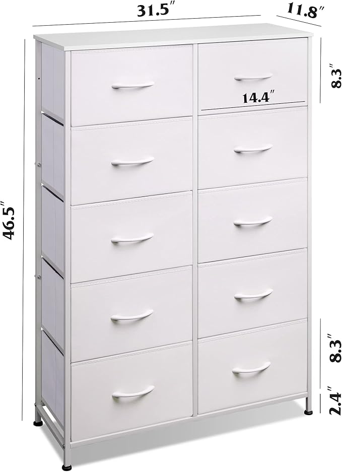 WLIVE Fabric Dresser for Bedroom with 10 Drawers, Tall Chest of Drawers, White Dressers Bedroom Furniture, Storage Organizer Unit with Bins for Closet, Hallway, Living Room, Entryway