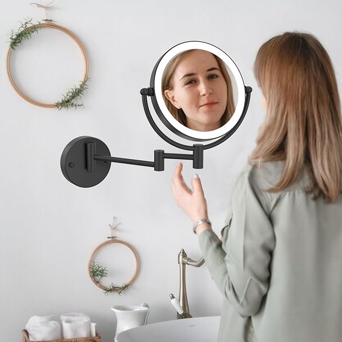 Brushed Brass Lighted Wall Mounted Mirror Magnifying 1×10×, 8-Inch Rechargeable Double Sided, Touch Dimmable Extended Arm 360 Rotation Cosmetic Mirror for Bathroom, Matt Black