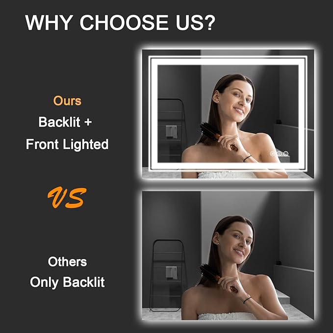23.6" x 31.5" LED Bathroom Mirror with Lights, Front and Backlit Mirror, Anti-Fog Lighted Vanity Mirror, Stepless Dimmable, 3 Colors LED Mirror (Horizontal/Vertical)