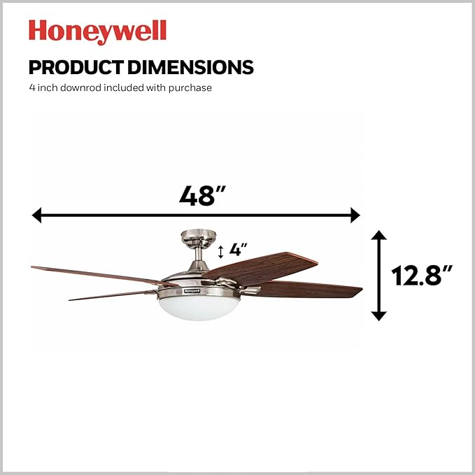Honeywell Ceiling Fans Carmel, 48 Inch Contemporary Indoor LED Ceiling Fan with Light, Remote Control, Dual Mounting Options, Dual Finish Blades, Reversible Motor - 50196-01 (Brushed Nickel)