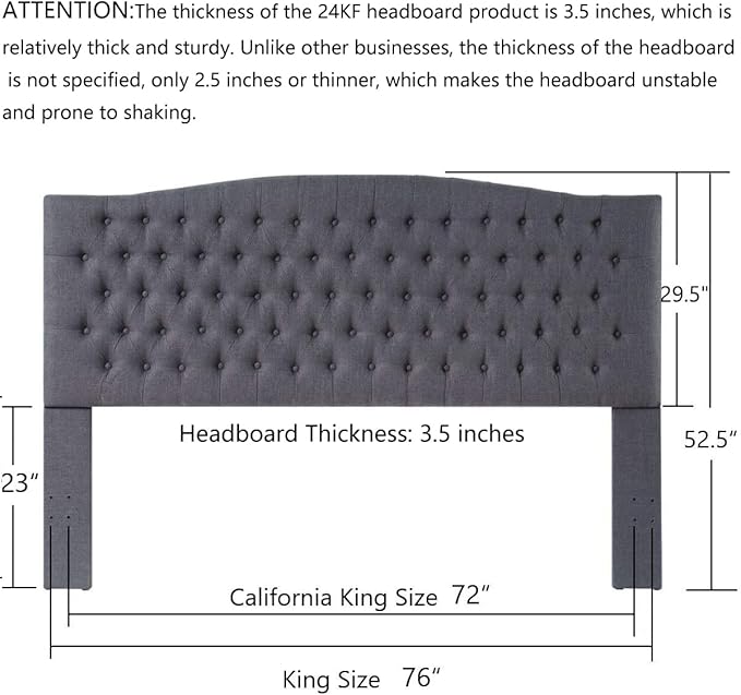24KF Upholstered Tufted Button Linen Fabric Headboard,Comfortable Fashional Headboard King/CA King Size,Dark Gray
