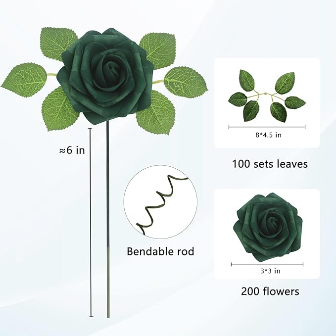JOYLEX Artificial Flowers Realistic Roses, Real Looking Fake Roses with Stem for DIY Wedding Bouquets Centerpieces Bridal Shower Party Home Romantic Decorations (Peacock Green, Regular 3" - 200pcs)