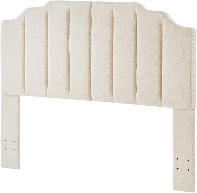 24KF Cream Teddy Fabric Tufted for Queen Upholstered Headboard, Modern Vertical Channel Design Full Headboard with Stepped Silhouette Top Edge, 6026-Q-Teddy Cream