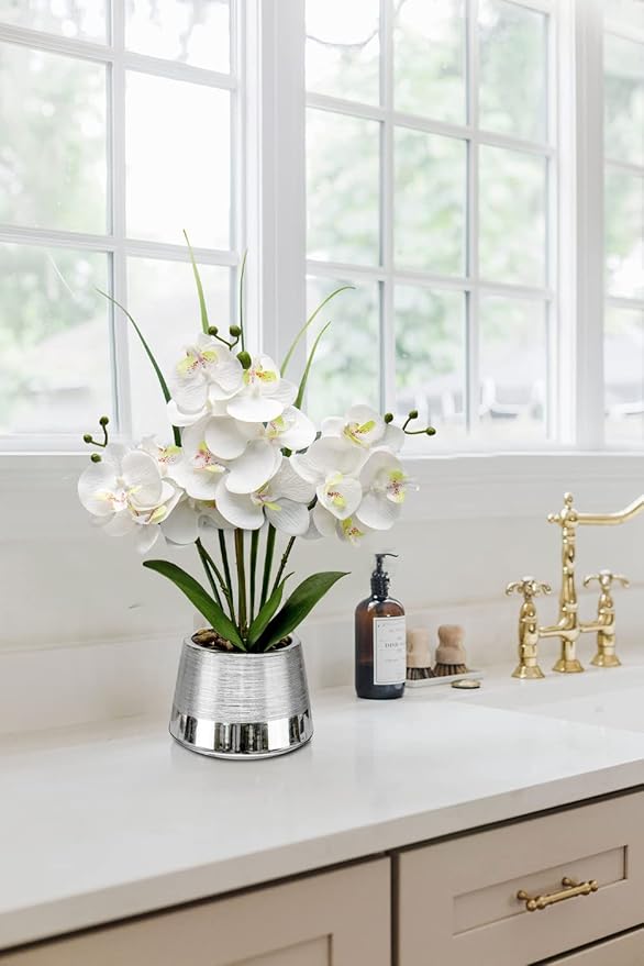 Artificial White Phalaenopsis Orchid Flower Arrangements Faux Orchid Flower in Silver Pot Orchid Centerpiece for Dining Room Table
