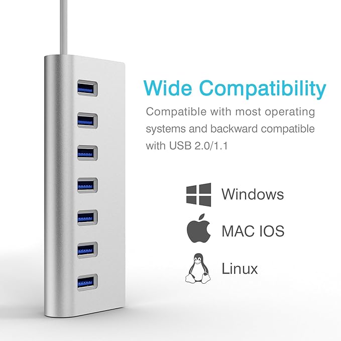 USB 3.0 Hub, USB Hub Powered with 5V/4A 20W Power Adapter and 4.9Ft Cable, Hub for PC Laptop