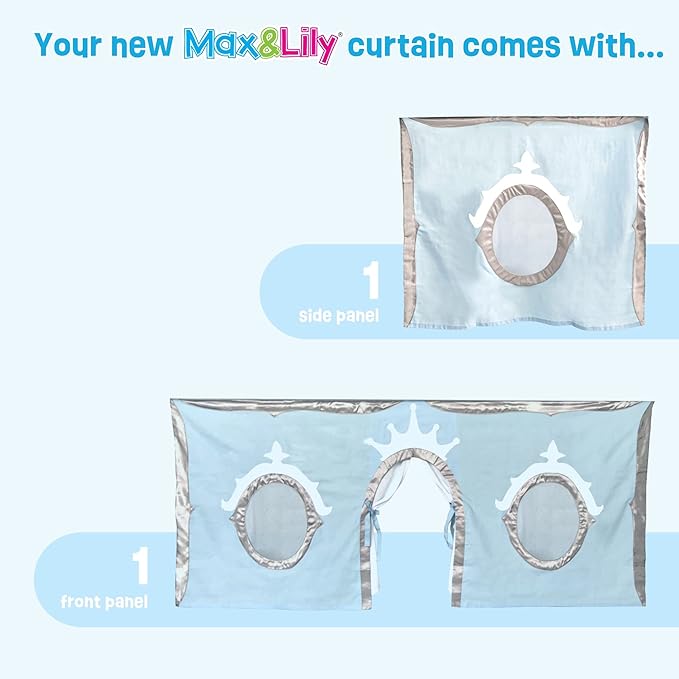 Max & Lily Underbed Curtain for Low Bunk/Loft Bed, Princess Play Privacy Set for Kids, 2 Panel Cotton Set for Bottom Bunk, Blue/Silver