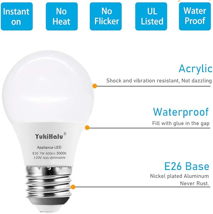YukiHalu, A15 Appliance Light Bulb, 60W Equivalent for Range Hood/Refrigerator Light Bulb/Ceiling Fan Light, 600 Lumens 7W 120V 3000K Warm White E26 Base, Waterproof, Not Dimmable, 2-Pack