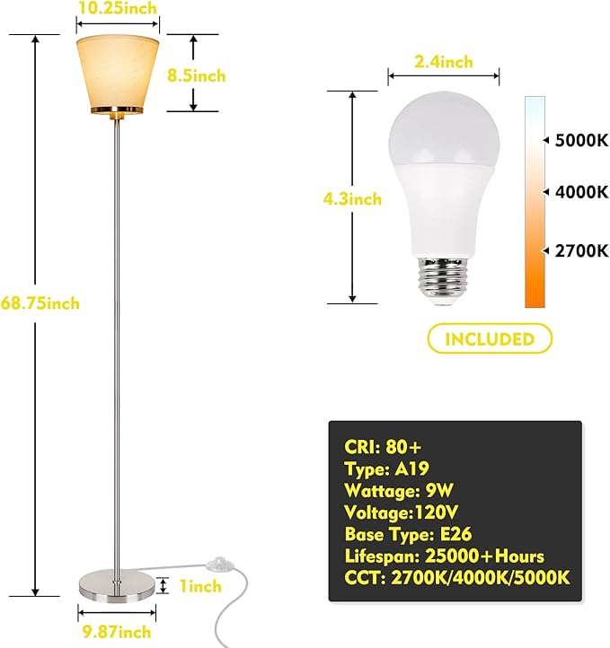 RUNTOP Floor Lamps for Living Room, Floor Lamp for Bedroom, Office, Tall Modern Standing Lamp, LED Floor Lamp with Foot Switch, 3 Color Temperatures 2700k 4000k 5000K, 9W LED Bulb, Linen Lampshade