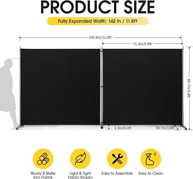Rantila 2 Large Panels Room Divider,Portable Office Divider,Convenient Movable,Folding Partition Privacy Screen for Bedroom,Dining Room, Study,142" W x 71" H,Black