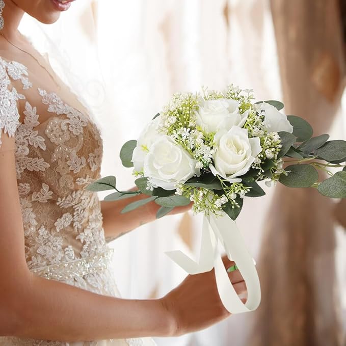 Wedding Rose Bouquet Bridesmaid Flower Bouquets, Artificial Rose White Wedding Bouquets for Bride Bridesmaid Bouquet Faux Bouquet Bride Bridesmaid Holding Flower for Wedding Decor