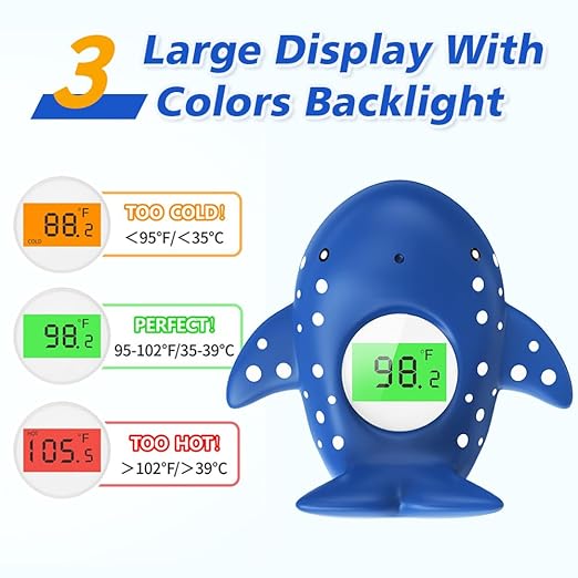 Baby Bath Thermometer, Infant Digital Water Thermometer Safety with 3 Color Backlit and Temperature Warning, Room Thermometers Floating Toy for Infant, Toddler, Bathtub, Swimming Pool (Navy Blue)