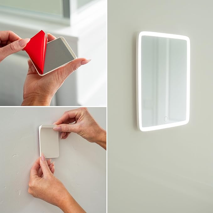 Mavoro 7x9 LED Lighted Rechargeable Travel Mirror | Small Wall Adhesive Mirror | Peel and Stick Wall Mount Lighted Travel Mirror | Real Glass Touch Sensor Vanity Mirror with Stand