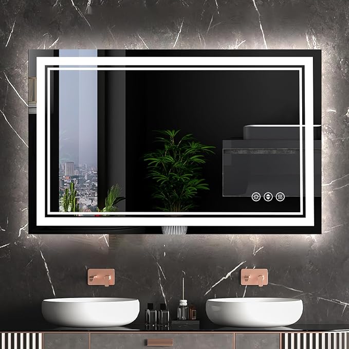 48x32 Inch LED Lighted Bathroom Mirror, Light Up Bathroom Vanity Mirror Unbreakable with 2 Front Lights & Back Lit, 3 Colors Stepless Dimmable, Anti-Fog, Memory Function, Closable Blue Buttons