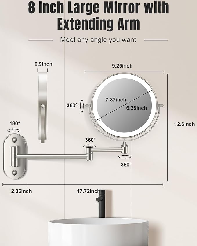 30X/1X Wall Mounted Lighted Makeup Mirror, 8'' Double Sided Rechargeable Magnifying Bathroom Mirror with Light, 3 Color Lights Touch Dimmable Extended Arm 360 Rotation Light up Mirrors