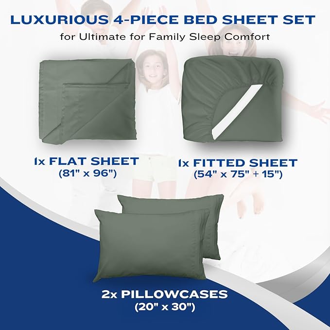 DREAMCARE Full Size Sheets Set - 4 Pcs Cooling Bed Sheets with Up to 15" Deep Pockets - Soft, Long-Lasting 100% Brushed Polyester with Side Pocket (Sage Green)
