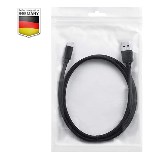 Perixx PERIPRO-407 USB Type-C Male to USB-A Male 3 Ft. Braided Cable - USB3.0 Spec for Smartphones, Tablets, Laptop, and Desktops - Black