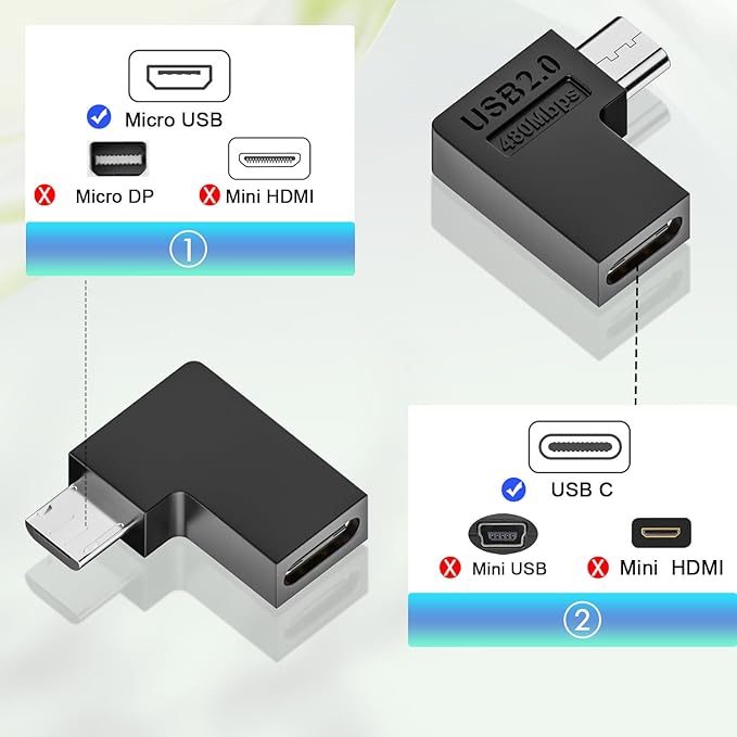 QIANRENON 90 Angle USB C to Micro USB Adapter - 10W (5V2A) 480Mbps, Left Angle Connector Plug, for Phone, Camera, MP3, MP4 - 2Pcs (Left Bend)