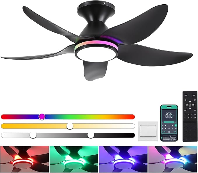 Ceiling Fans with Lights Remote/APP Control, 38" Low Profile Ceiling Fans with Dimmable White Colors+ RGB Ring Lights, 6 Speeds 5 Reversible Blades for Kids Room Bedroom Living Room, Black