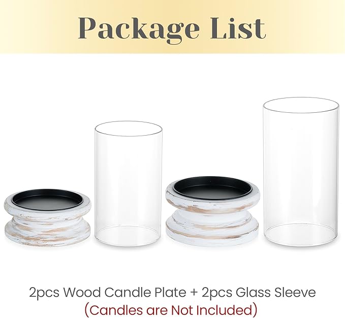 Hewory Hurricane Glass Candle Holder: Rustic White Candle Holders for Pillar Candles, Vintage Decorative Wood Stand with Clear Cylinder Glass for Table Centerpiece Fireplace Mantel Farmhouse Decor