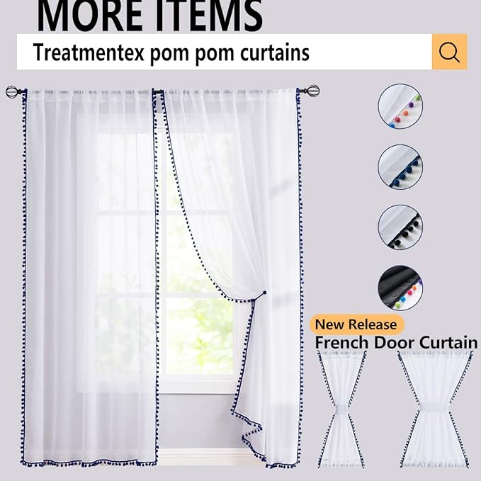 Treatmentex Pompom Sheer White Curtains for Living Room 84" Long Linen Textured Window Curtain Draperies for Bedroom 52" W, 1 Pair