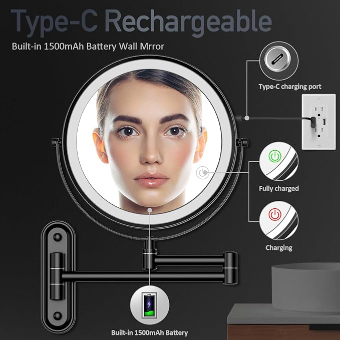 Rocollos Rechargeable Lighted Wall Mounted Makeup Mirror with 3 Color Lights,Dimmable Touch Screen,8 Inch LED Double Sided 1X/10X Magnifying 360°Flexible 13 Inch Retractable