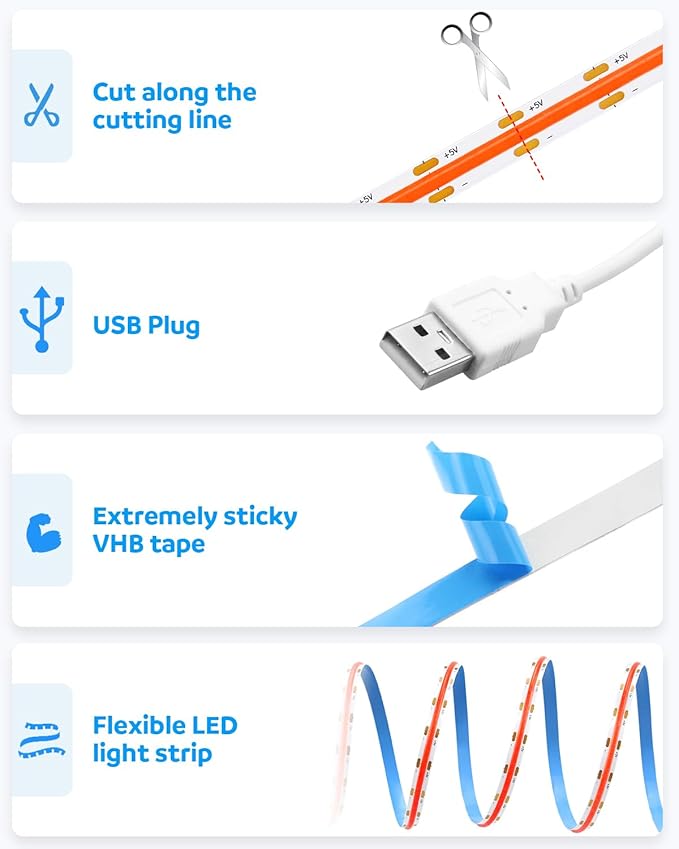 Aclorol COB LED Strip Light 5V USB Powered COB Led Light Red 3.28FT 320Leds CRI85+ Flexible Led Light Strip 1M for TV Wall Secretaire Cabinet Bed Lighting and Other DIY Lighting