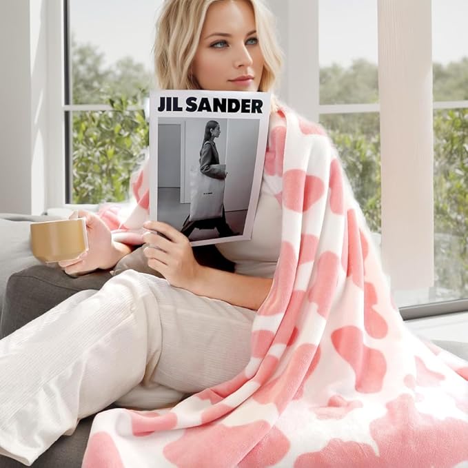Fleece Cow Print Blanket for All Season - Premium Lightweight Anti-Static Pink and Ivory Twin/Twin XL Size Extra Long Blankets,Bedroom Decor 66" x 90"(Pink Cow)