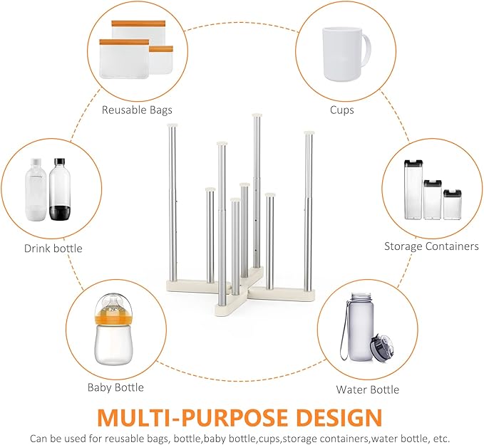 Reusable Storage Bag Drying Rack, Retractable Metal Bottle Drying Rack, Collapsible Cup Draining Rack for Water Bottles, Mason Jars, Mugs, Glass and Sports Bottle(1 Pcs)