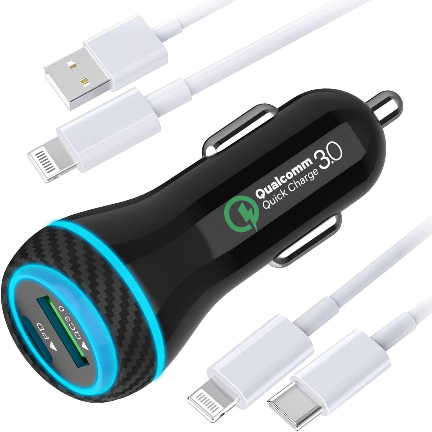 MOCA 51W Fast Charger for iPhone, USB C Dual Ports with 2pcs 3.3ft A-P/C-P Cable Car Charger Adapter for iPhone 13 12