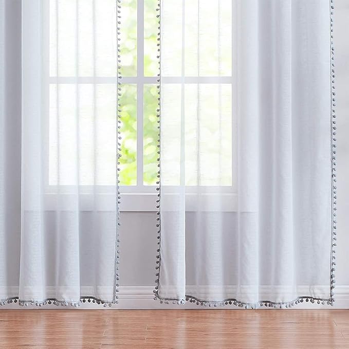Treatmentex Pom-Pom Grey Sheer Curtains for Canopy in Girls Bedroom 84inches Long Linen Textured Sheer Drapes for Windows 2 pc